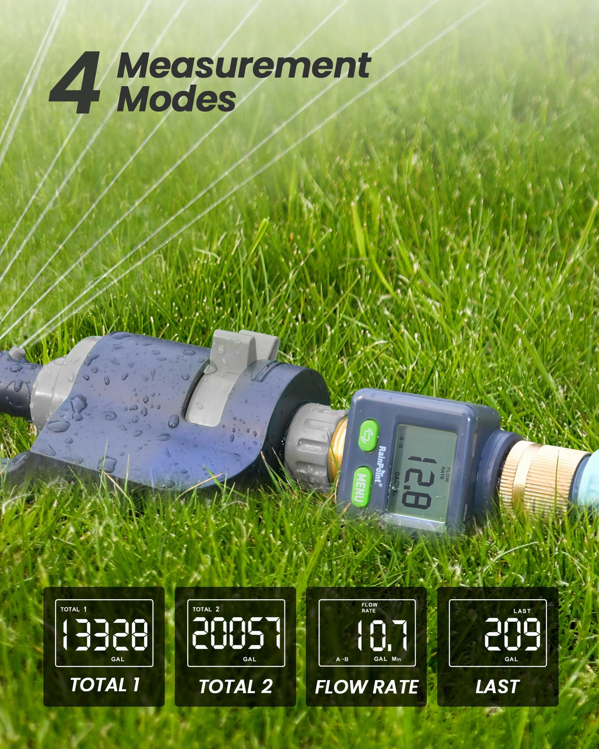 RAINPOINT Water Flow Meter with Brass Inlet & Outlet, 180° Screen-Flip Water Meter, Measure Gallon/Liter Consumption for RV Filling, Garden Watering, Sprinkler and Hoze Nozzle