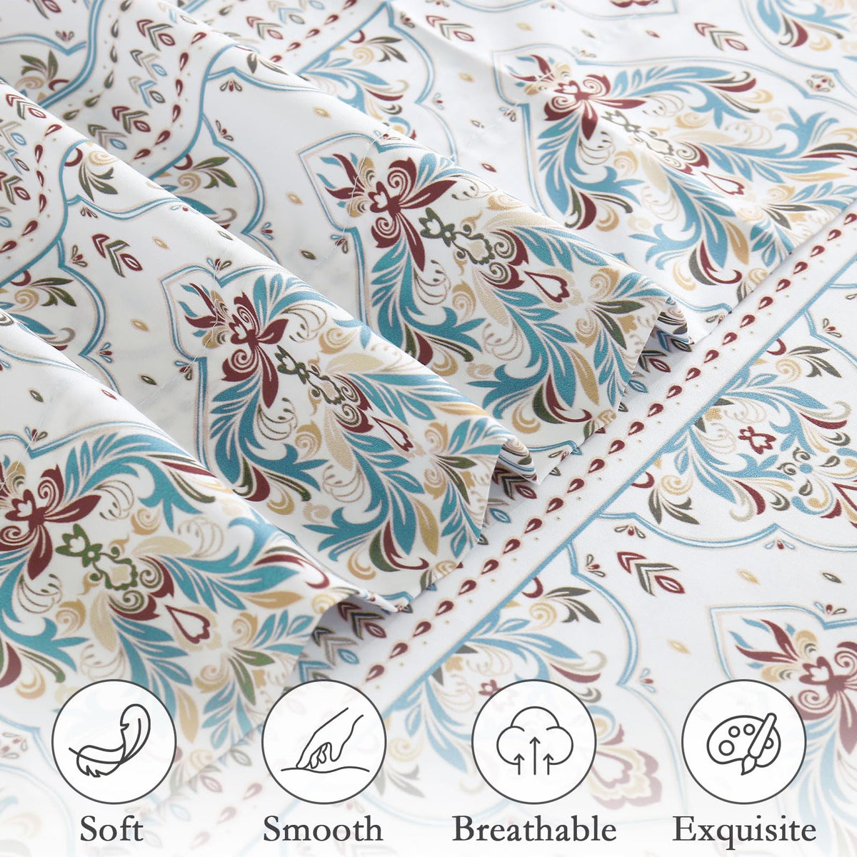 ChicView Queen Size Paisley Printed Sheet Set,4 Pieces Boho Style Breathable Soft Microfiber Bedsheets, Anti Pilling Deep Pockets Easy Care Bed Sheets, White Green