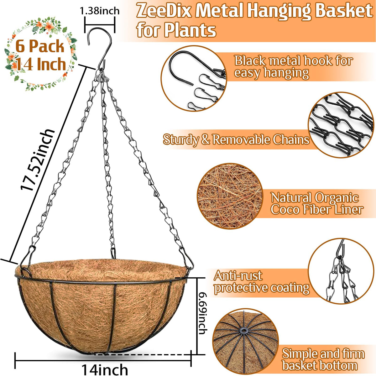 ZeeDix 6 Pack 14 Inch Metal Round Hanging Planter Basket with Coconut Liners Replacement, Hanging planters Baskets with Natural Coco Liner for Outdoor Indoor Planters Flowers Vegetables