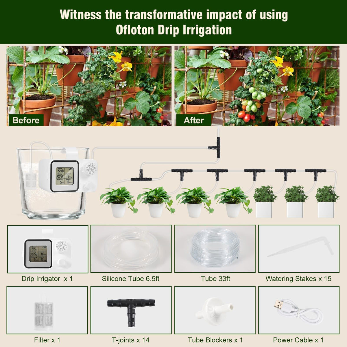 Automatic Drip Irrigation Kit,Ofloton 15 Potted Indoor Houseplants Support,Indoor Automatic Watering System for Plants,with Digital Programmable Water Timer