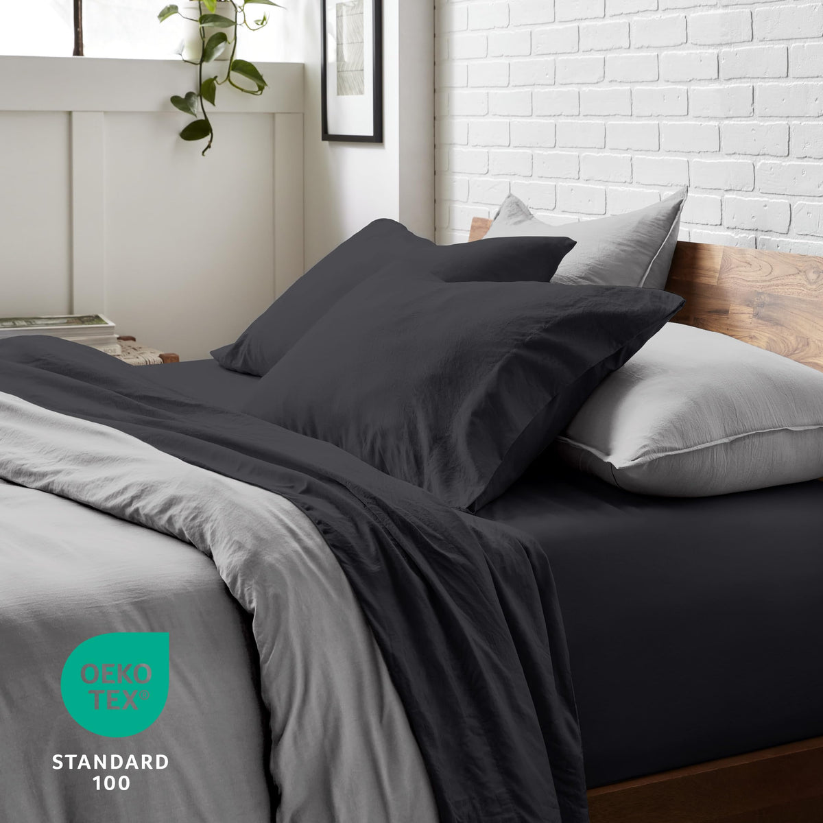 Bare Home Queen Sheet Set - Luxury 1800 Ultra-Soft Stonewashed Microfiber - Brushed - Deep Pockets - Easy Fit - Breathable Bedding - Sheet Sets & Pillowcases (Queen, Black)