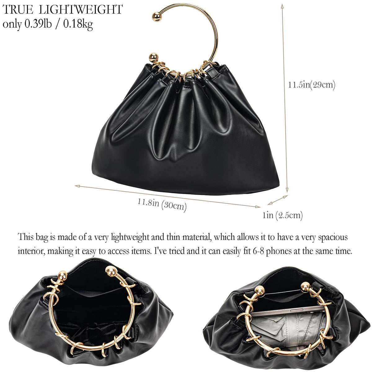 Elegant Evening Bag Clutch Purses for Women Lightweight Soft Pleated PU Top Handle Handbags for Party Prom Cocktail Wedding(black)