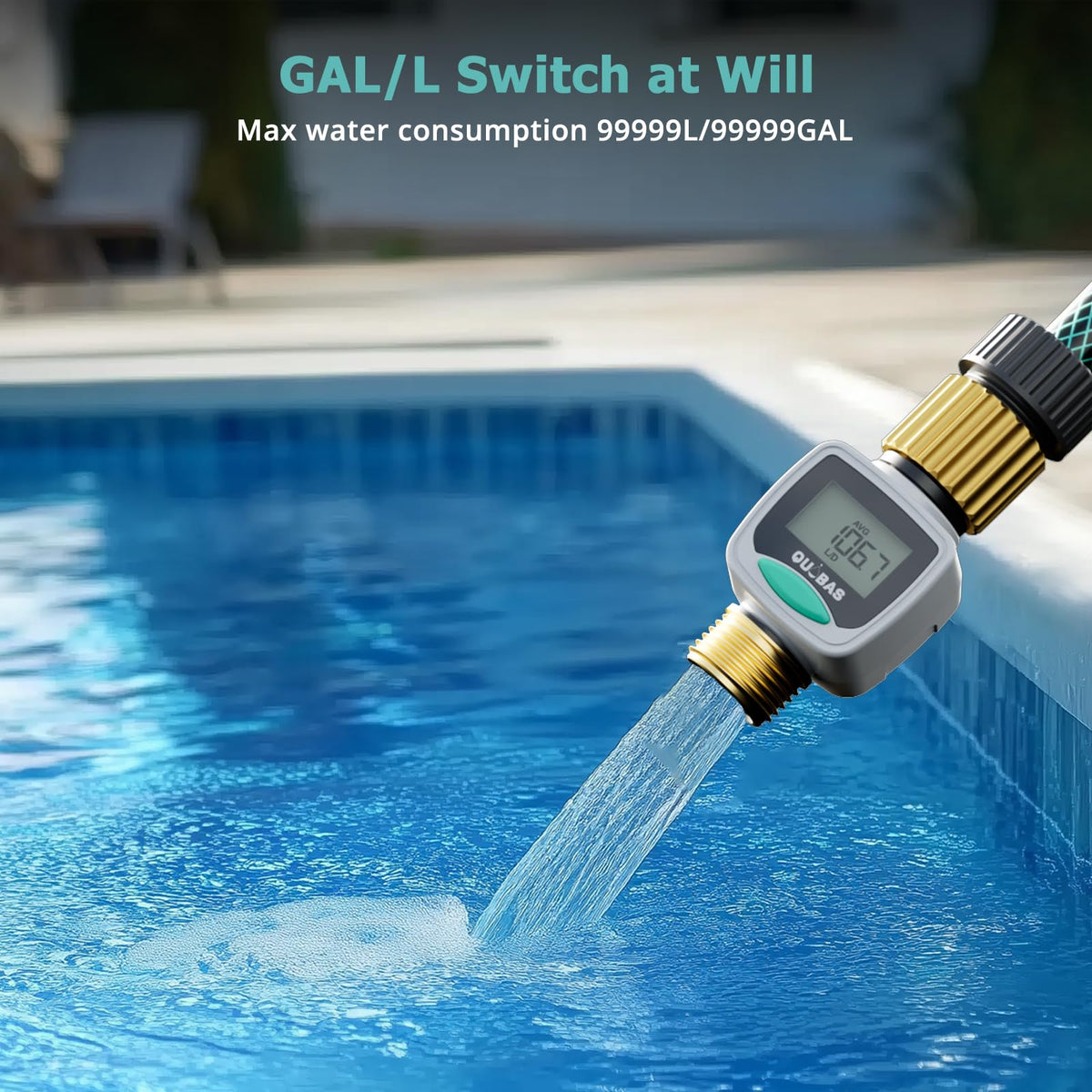 QUOBAS Water Flow Meter with Brass Fittings, Easy-Install Garden Hose Flow Meter for RV, Outdoor Plants, Lawn & Pool, Waterproof Screen, Tracks Gallon/Liter Usage, 4 Modes