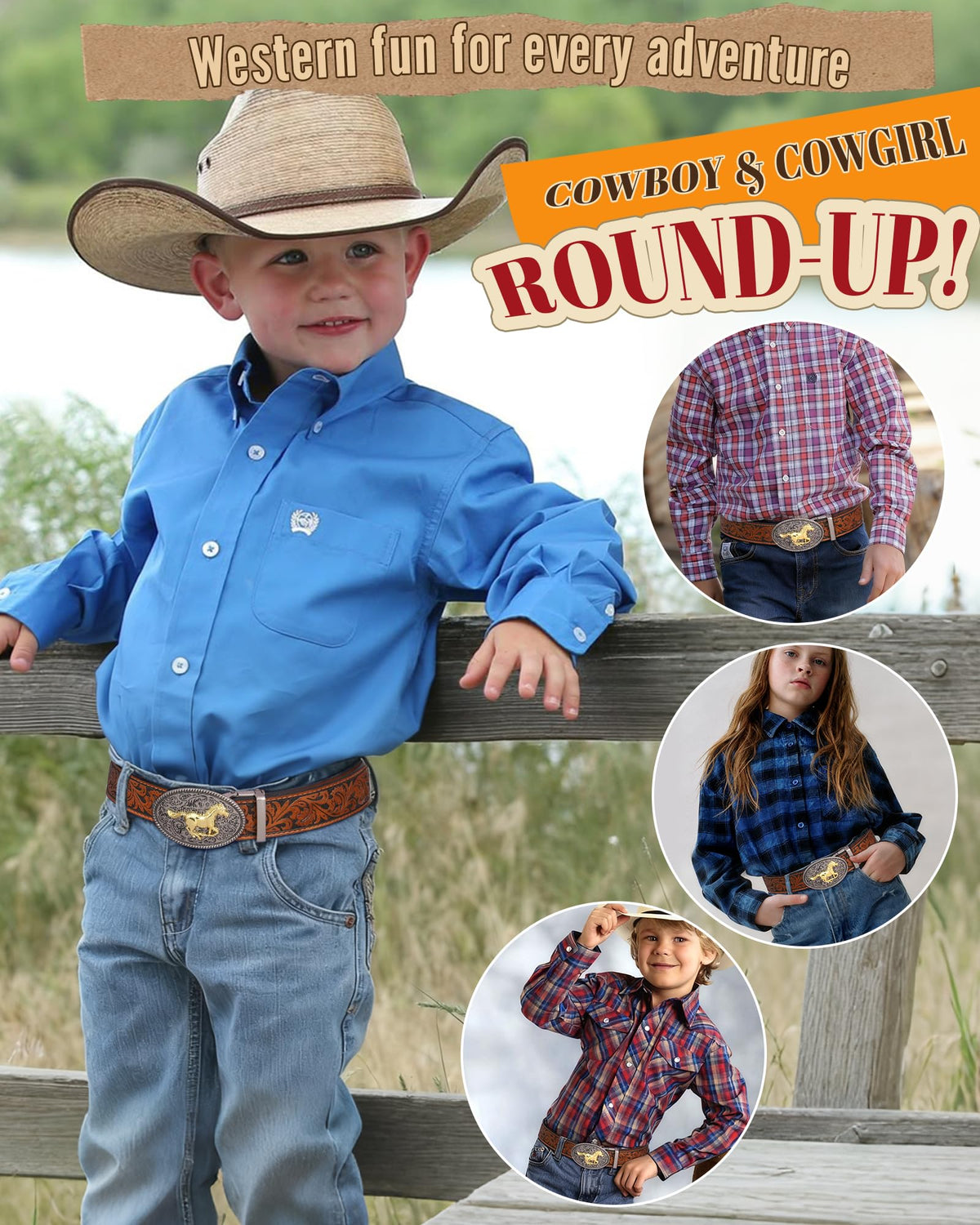 AWAYTR Kids Ratchet Western Belt - PU Leather Cowboy Belt Adjustable Toddler to Big Kid Sizes for Jeans (Gunmetal Gold Horse-Brown, Fit Waist: 23"-26")