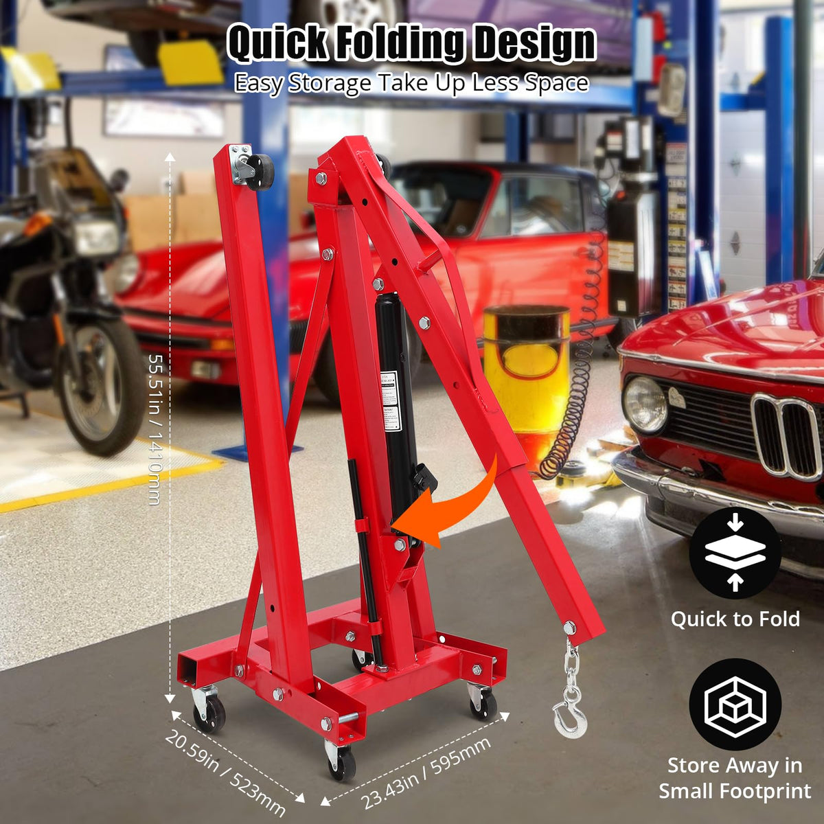 2-Ton Folding Hydraulic Engine Hoist Cherry Picker, 4400 lb Capacity, Heavy-Duty Shop Crane with Telescoping & Adjustable Boom (0.5-2T), 6 Swivel Caster Wheels, Load Leveler, Hitch & Storage Stand for