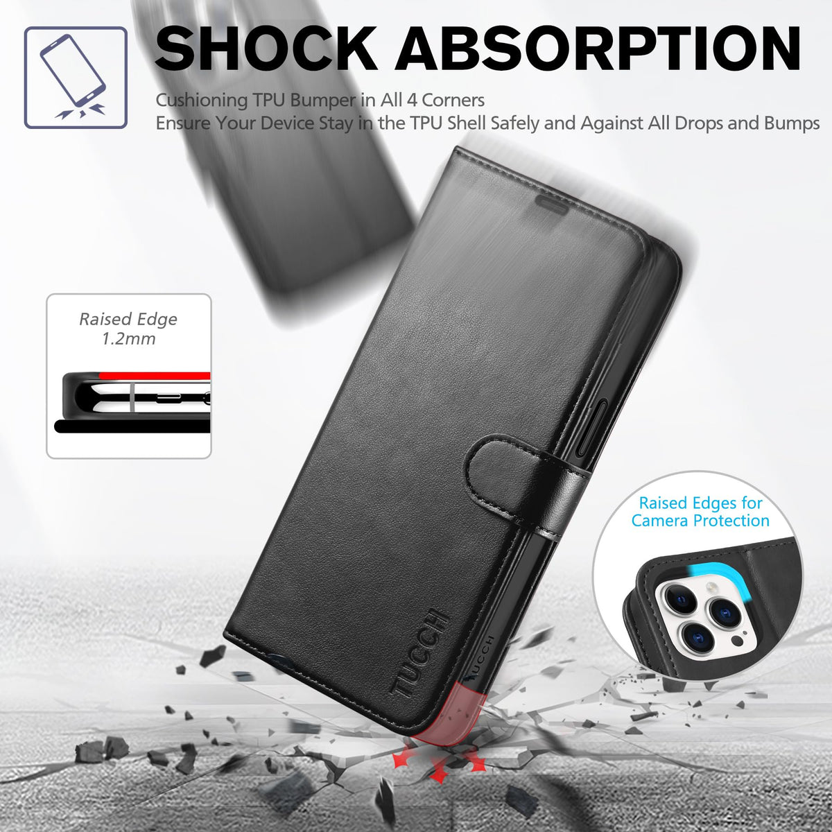 TUCCH Case Wallet for iPhone 15 Pro Max, RFID Blocking 4 Card Holder Kickstand Shockproof TPU Inner Case, PU Leather Magnetic Flip Folio Cover, Black