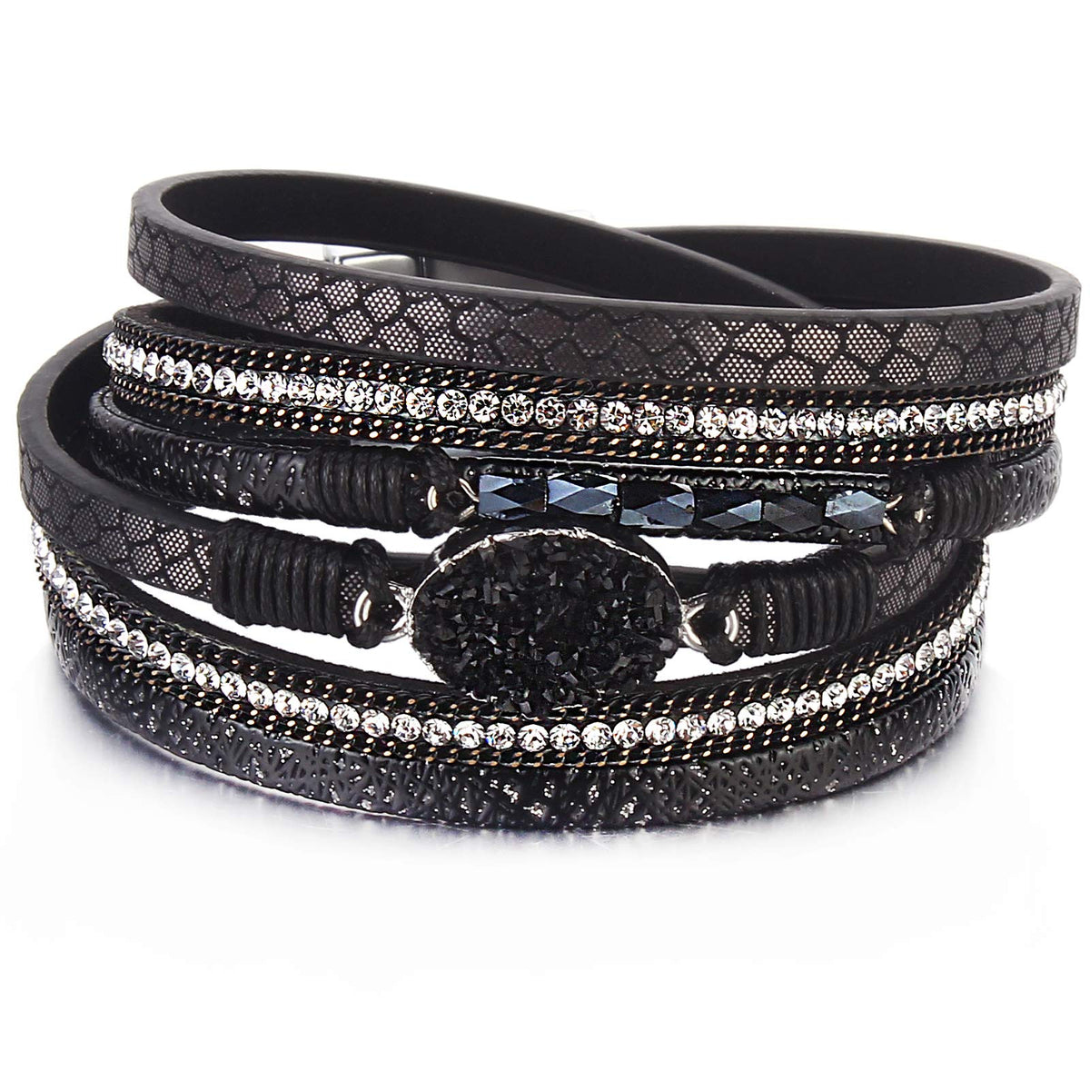 FANCY SHINY Boho Leather Wrap Bracelet Stackable Chunky Crystal Cuff Bracelets with Magnetic Clasp Cowboy Cowgirl Western Summer Beach Outfits Jewelry Gifts for Women (14.7", Black)