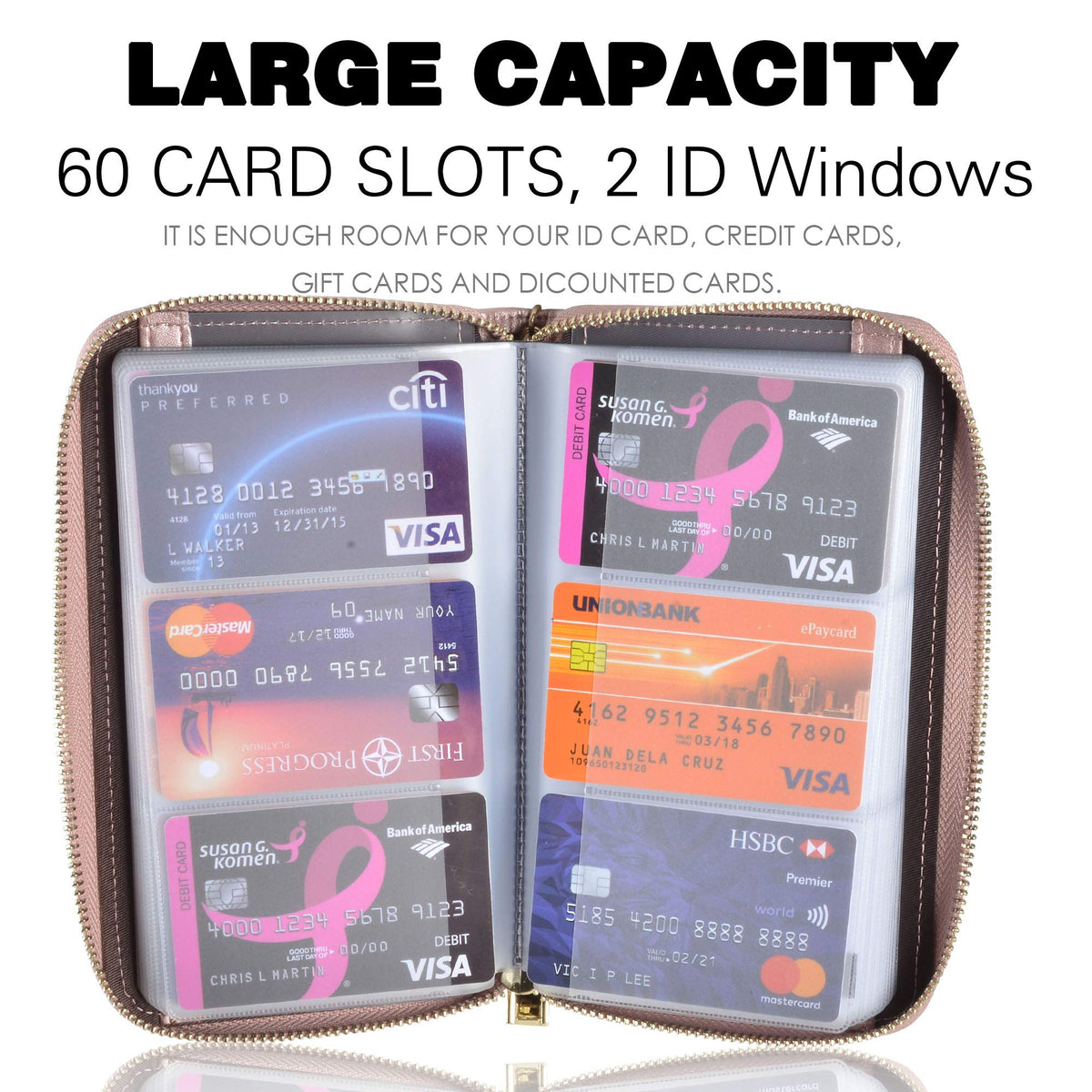 Easyoulife Credit Card Holder Wallet Womens Zipper Leather Case Purse RFID Blocking (Rose Gold)