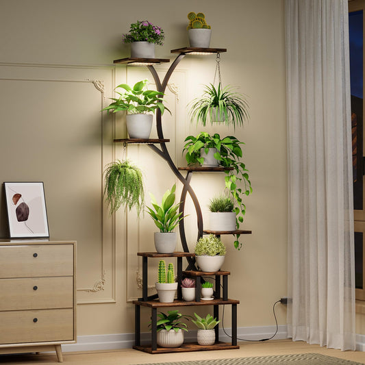 Plant Stand Indoor with Grow Lights 9 Tiered Wood Indoor Plant Shelf 62" Tall Plant Stand Metal Frame for Indoor Plants Multiple Flower Pot Holder, Large Plant Rack for Living Room Patio Corner