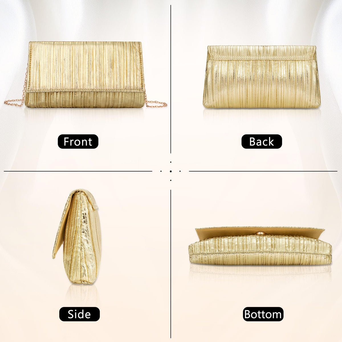 Tmore Clutch Purses for Women PU Leather Clutch Bag with Chain Handbags Soft Pleated Evening Bag (Gold)