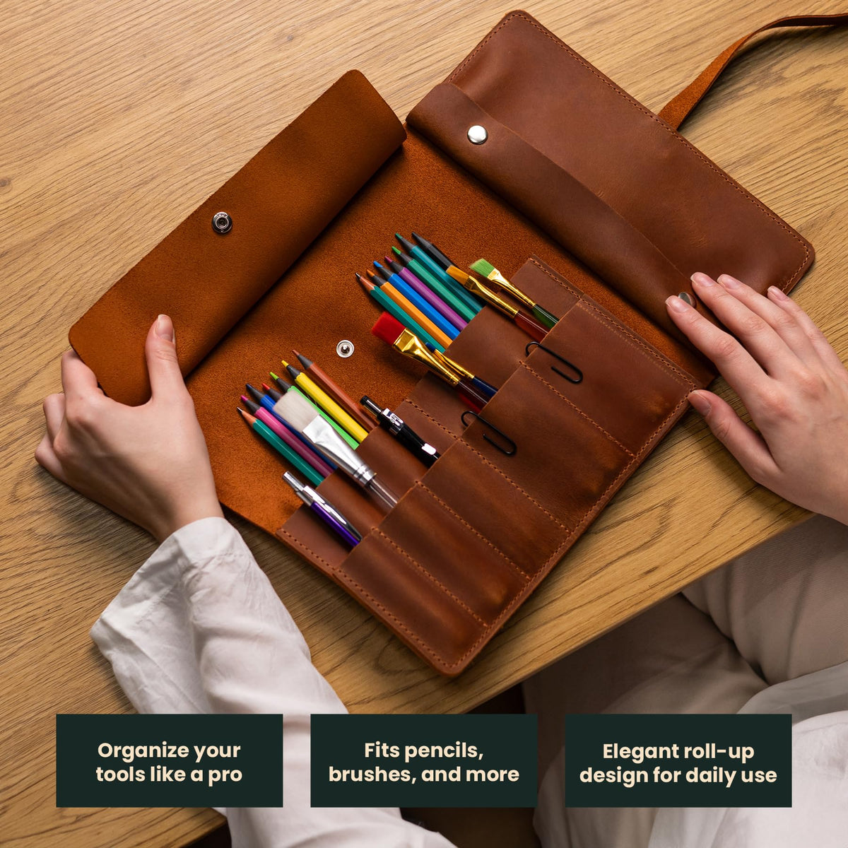 OMBUO Handmade Artist Pencil Case for Adults Women, Leather Pencil Roll, Artist Gifts, Pencil Wrap Roll Up Case, Leather Paint Brush Case, Warm Brown