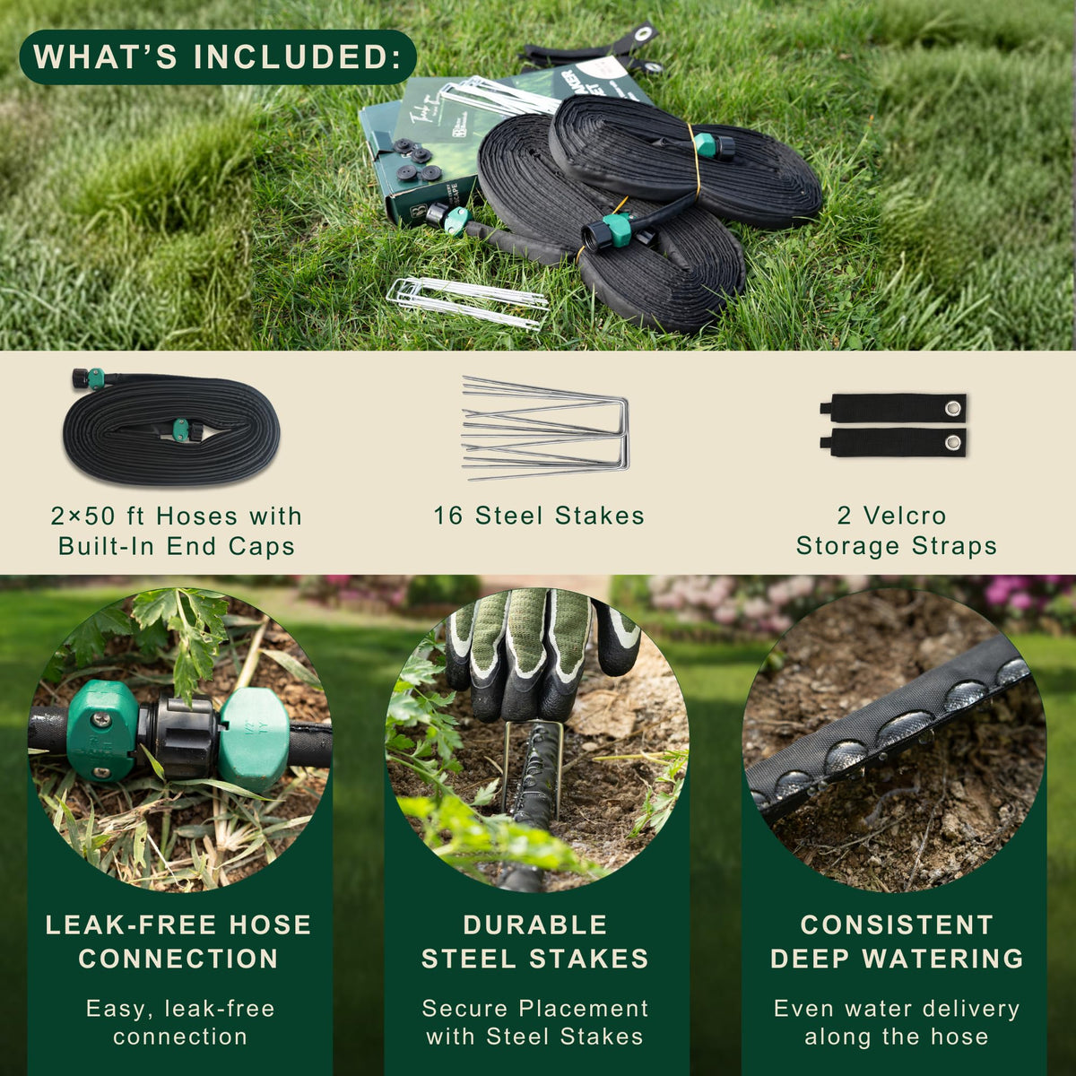 Better Botanicals 100 FT Flat Soaker Hose (2 x 50 FT) – Drip Irrigation for Garden Beds, Raised Beds & Landscaping – Kink-Resistant, Even Watering, Includes 16 Steel Stakes & Storage Straps