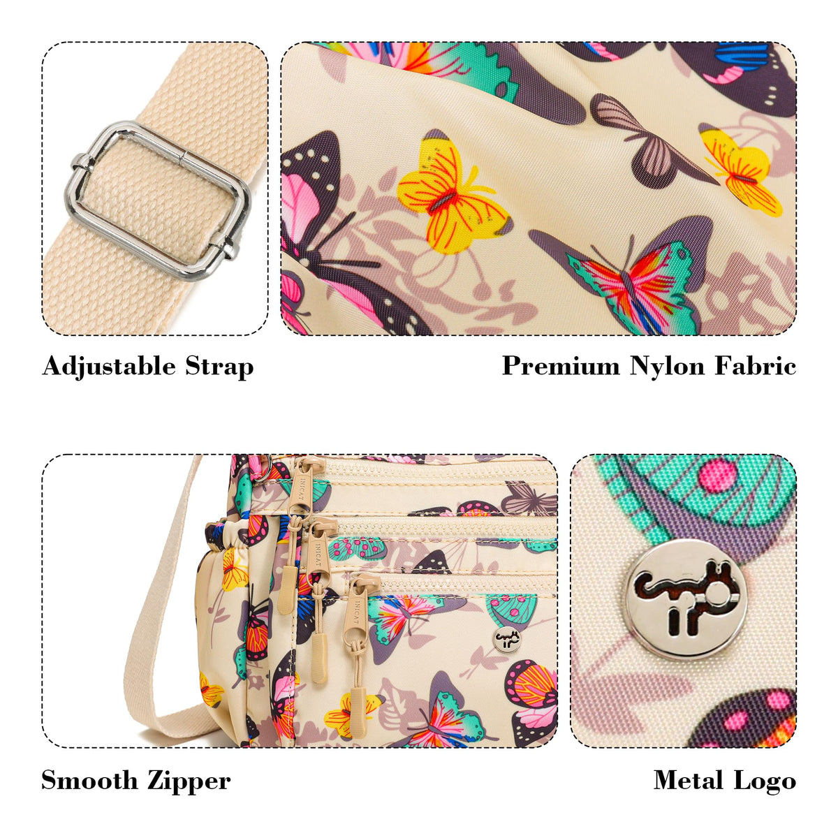 AOCINA Crossbody Bags for Women Multi Pocket Nylon Lightweight Ladies Purses Messenger Shoulder Handbags Satchel Travel Bag (Beige Butterfly)