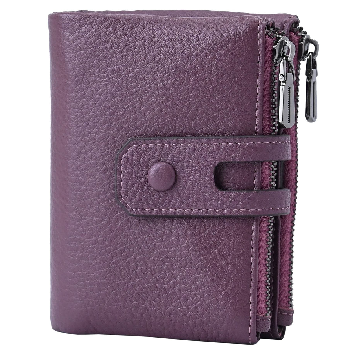 Bveyzi Small Soft Leather Wallet for Women RFID Blocking Ladies Card Holder with Double Zipper Pocket (Deep Plum)