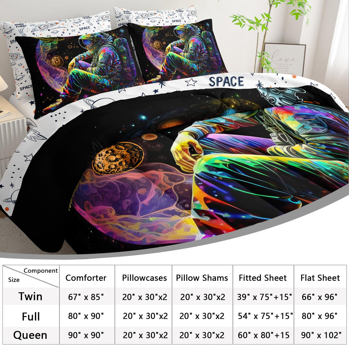 AILONEN Space Astronaut Comforter Set Twin Size,7-Piece Soft Bed in a Bag,Glowing Rocket Planet Spacemen Print Comforter & Fitted Sheet & Flat Sheet & 2 Pillowcases,2 Pillow Shams