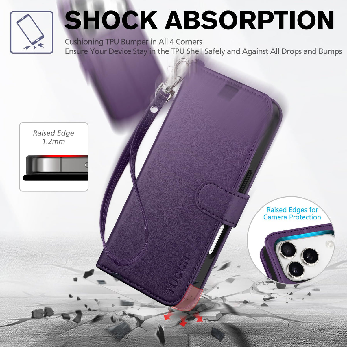 TUCCH Case Wallet for iPhone 17 Pro (6.3") 2025, Wrist Strap, Stand, RFID Blocking, 4 Card Holder, TPU Shockproof Shell, PU Leather, Magnetic Closure Folio Protective Cover, Deep Purple