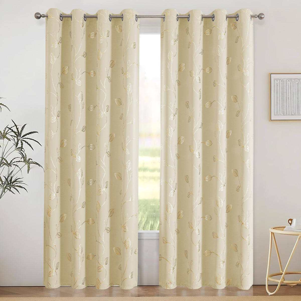 BUHUA Heat Blocking Curtains, Black Out Curtains 63 Inch Long 2 Panels Burg, Soundproof Curtains with Gold Leaf Printed (52 x 63 Inch, Beige, Set of 2 Panels)