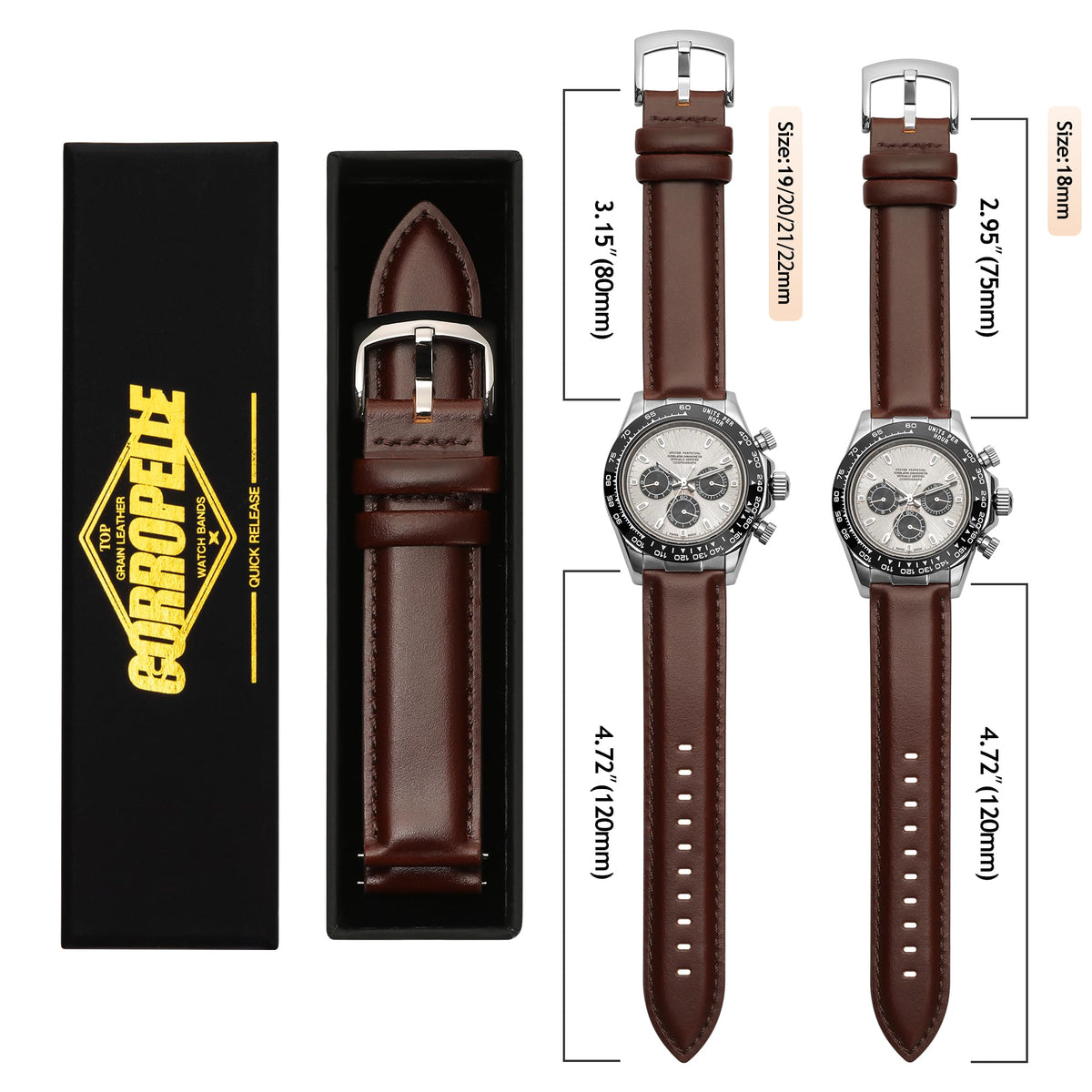 CORROPELLE Leather Watch Bands Quick Release, Elegant Top Grain Leather Watch Straps Band Replacement for Men and Women, Watch and Smartwatch, Choice of Width 18mm 19mm 20mm 21mm 22mm