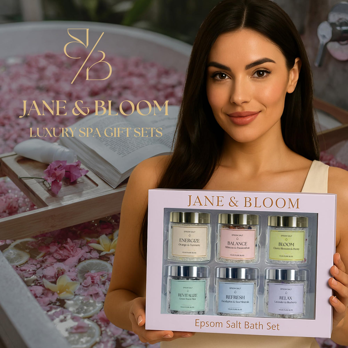 Epsom Salt Bath Gift Set – 6 Aromatherapy Blends with Essential Oils – Bath & Body Gift Set for Women, Stress Relief, Self Care, Birthday Gifts – Jane & Bloom