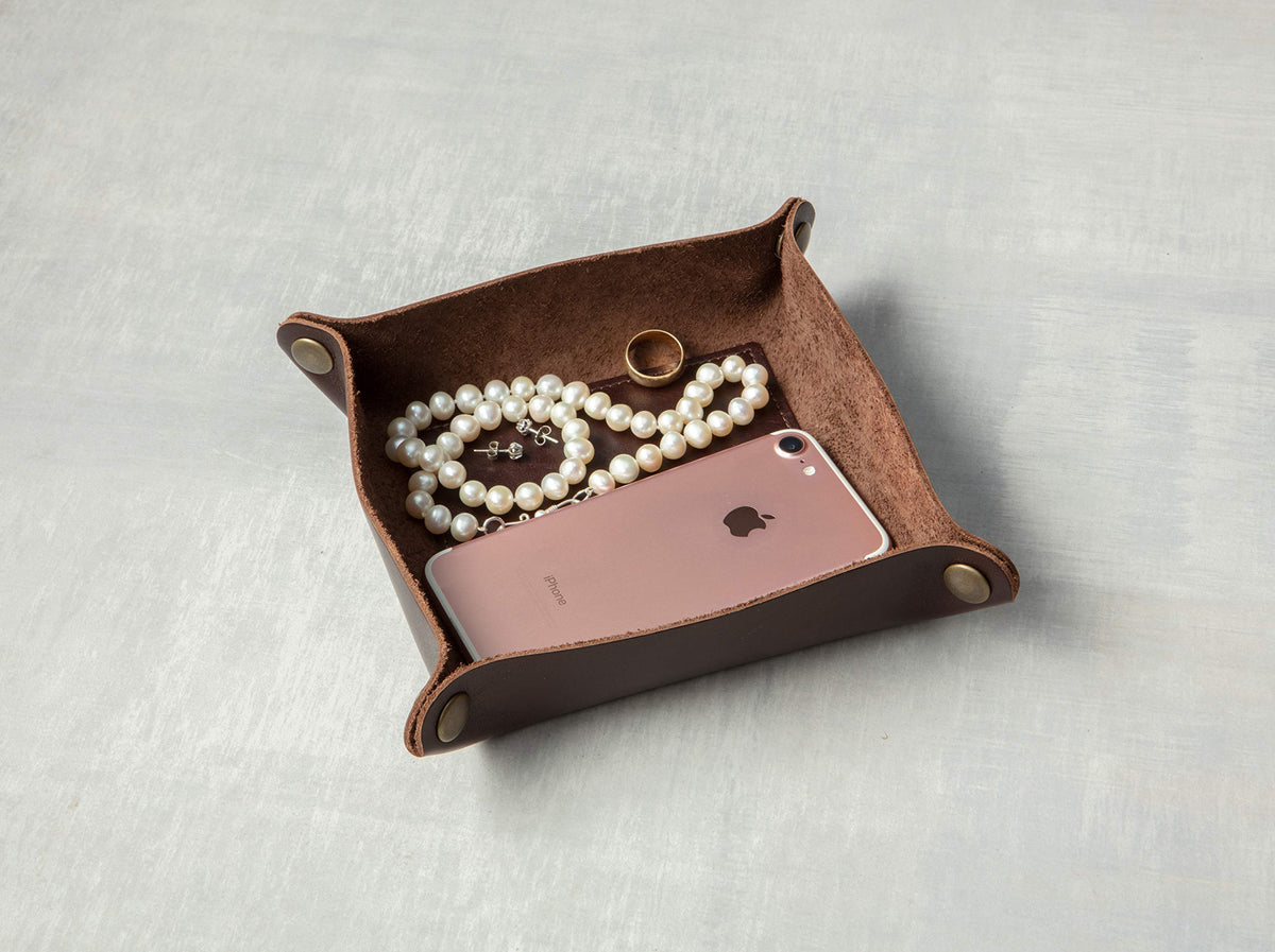 American Made Premium Leather Valet Tray, Folds Flat! Dice Rolling Basket and Organizer with Brass Rivets (Dark Walnut Brown, Medium)