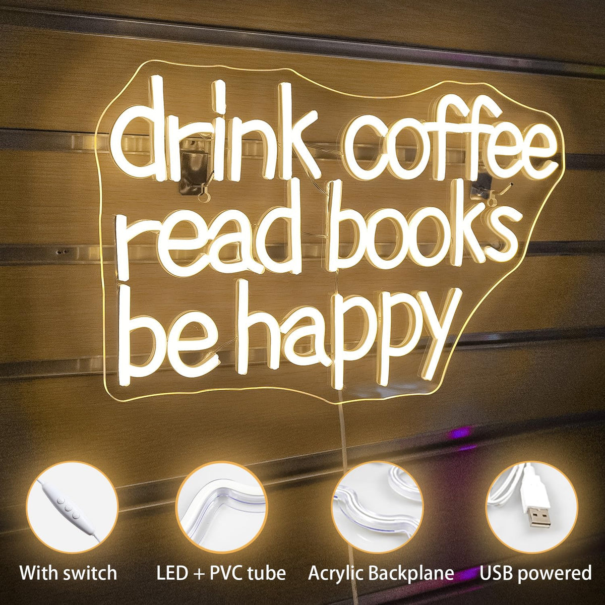 Looklight Drink Coffee Read Books Be Happy Neon Sign Warm White Read Books Led Neon Light for Wall Decor Dimmable USB Neon Light Up Signs for Classroom Coffee Shop Bookstore Library Museum Study Room