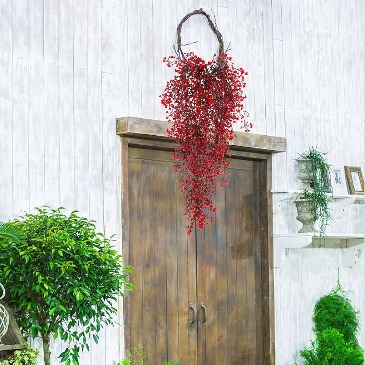 RECUTMS Vine Plant Fake 4 Pcs Ferns Artificial Plants Large Faux Hanging Plant Artificial Hanging Plants Wall Plants Fake Ivy Room Decor Home Garden Wedding Party Indoor Outdoor Decorations(Red 4P)