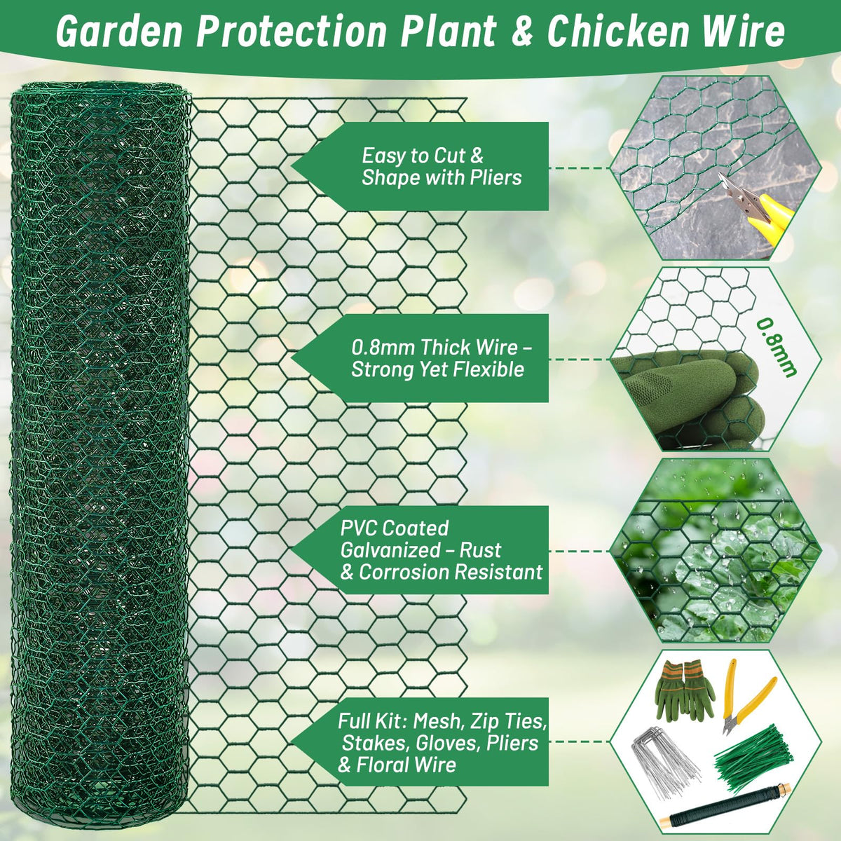 Convivium Plant Protectors from Animals, 0.8mm Free-Cut Green Chicken Wire Mesh, PVC Coated Tree Trunk Guard & Garden Fence for Outdoor Plants with Zip Ties, Stakes, Pliers, Gloves（33Ft*16In）