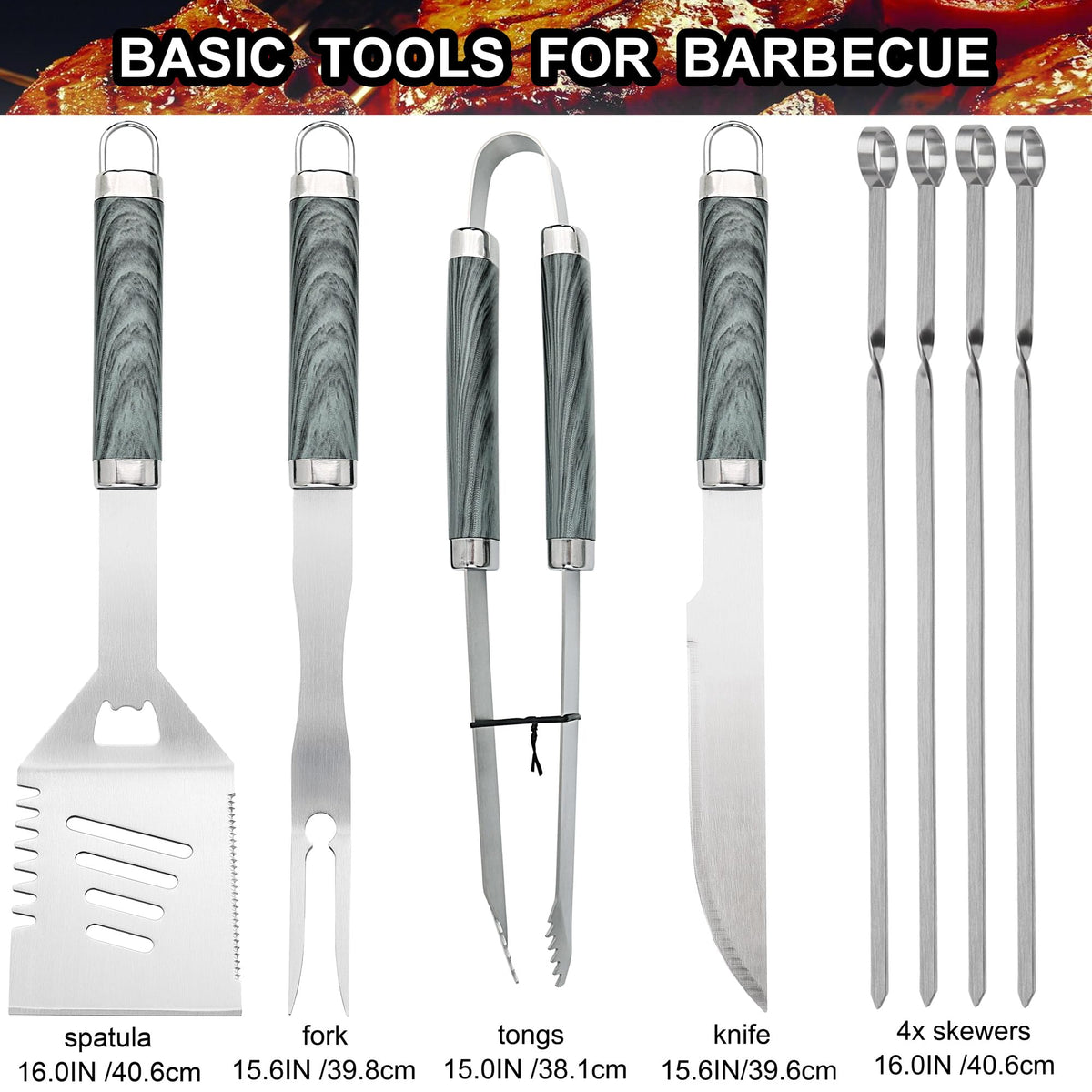 grilljoy 24PCS BBQ Grill Tools Set with Meat Thermometer and Injector - Extra Thick Stainless Steel Fork, Spatula& Tongs - Complete BBQ Accessories in - Perfect Grill Gifts for Father's Day