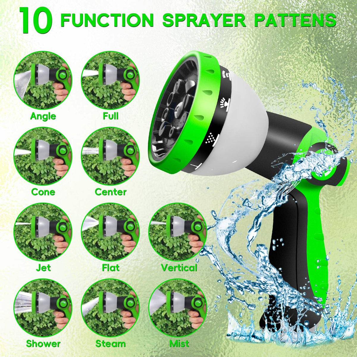 Junredy Garden Hose 25 FT, NON-EXPANDABLE Heavy-Duty Flexible & Lightweight Water Hose with 10-Function Nozzle, No-Kink, Leak-Proof Super Fabric, Solid Fittings for Lawn, Car, Outdoor (Black Green)