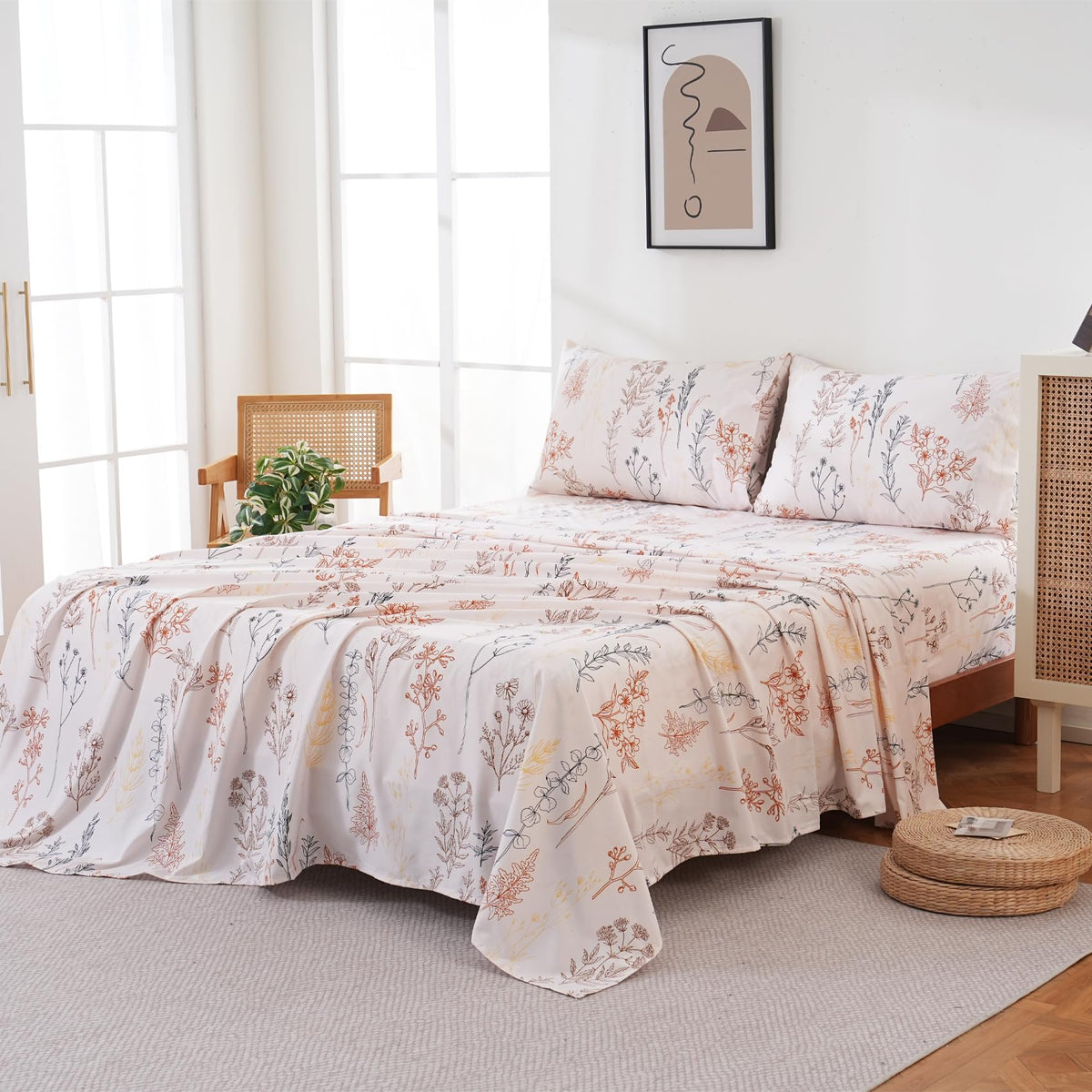 Yibeizi Floral Sheet Set King, Boho Botanical Rustic Pattern Bed Sheets Beige Fall Bedding Sheets & Pillowcases Soft Microfiber 15" Extra Deep Pocket Fitted Bedsheet 4 Piece