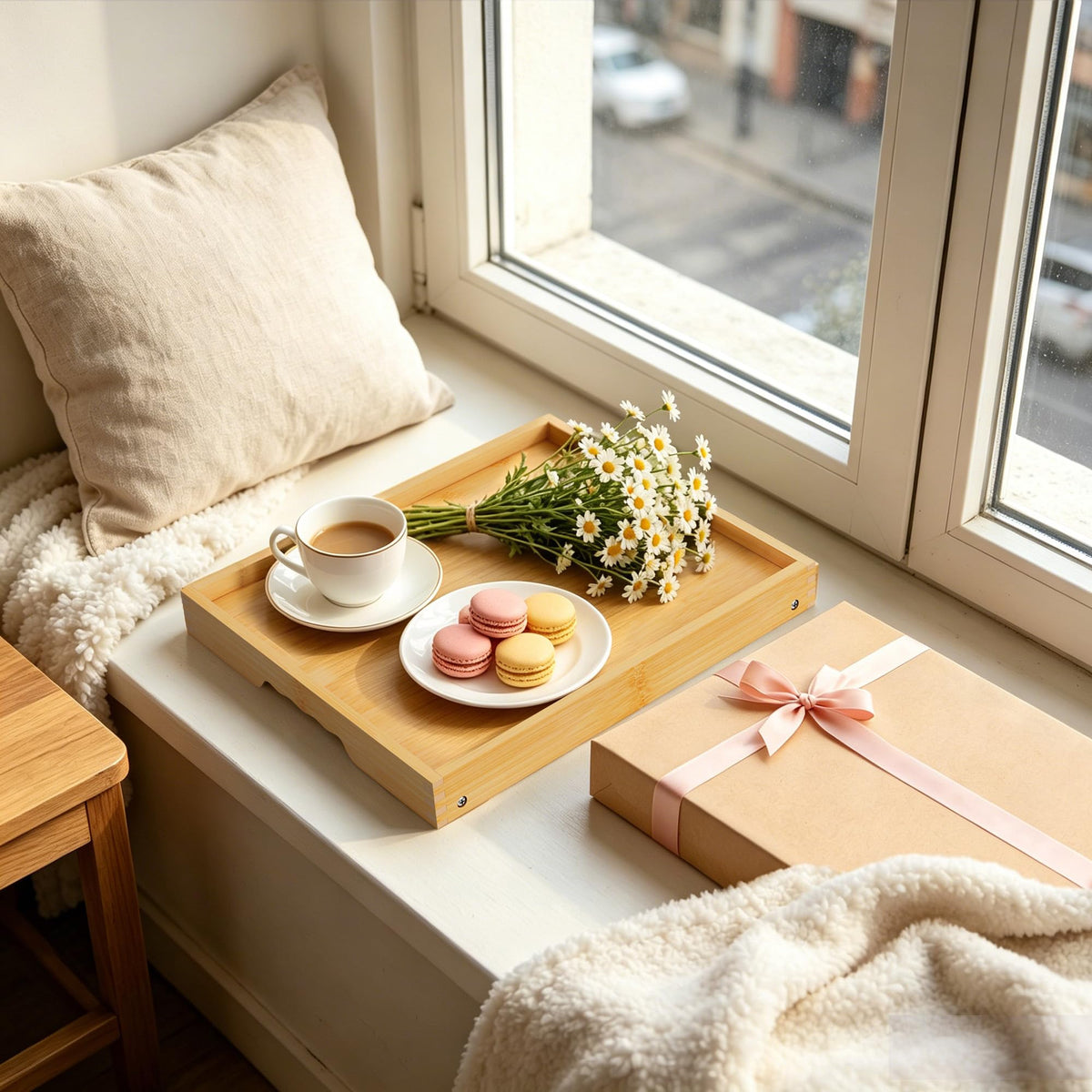 Breakfast Tray with Folding Legs Set of 2, Bamboo Bed Tray Table 15.7" Foldable TV Dinner Tray with Ergonomic Wave Handles for Bed Couch Sofa, Breakfast, Snacks, Coffee, Natural