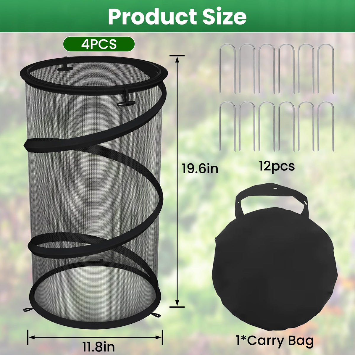 4 Pack Pop up Plant Guard Covers Tent from Animals Black, 19.6" x 11.8" Foldable Plant Protectors Mesh Net, Garden Plant Enclosure Protection Cage with Stakes & Carry Bag for Outdoor Plants