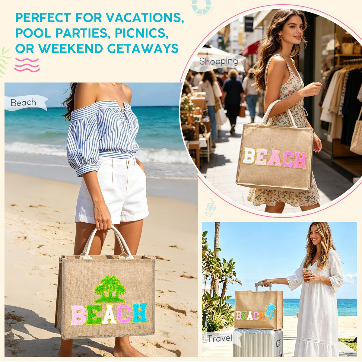 KUIRAN Beach Bag for Women, Large Woven Straw Beach Bag with Chenille Letter Patches and Water-resistant Lining, 22L Tote Handbag for Pool, Travel, Shopping, Summer Vacation, Bachelorette Gift - Green