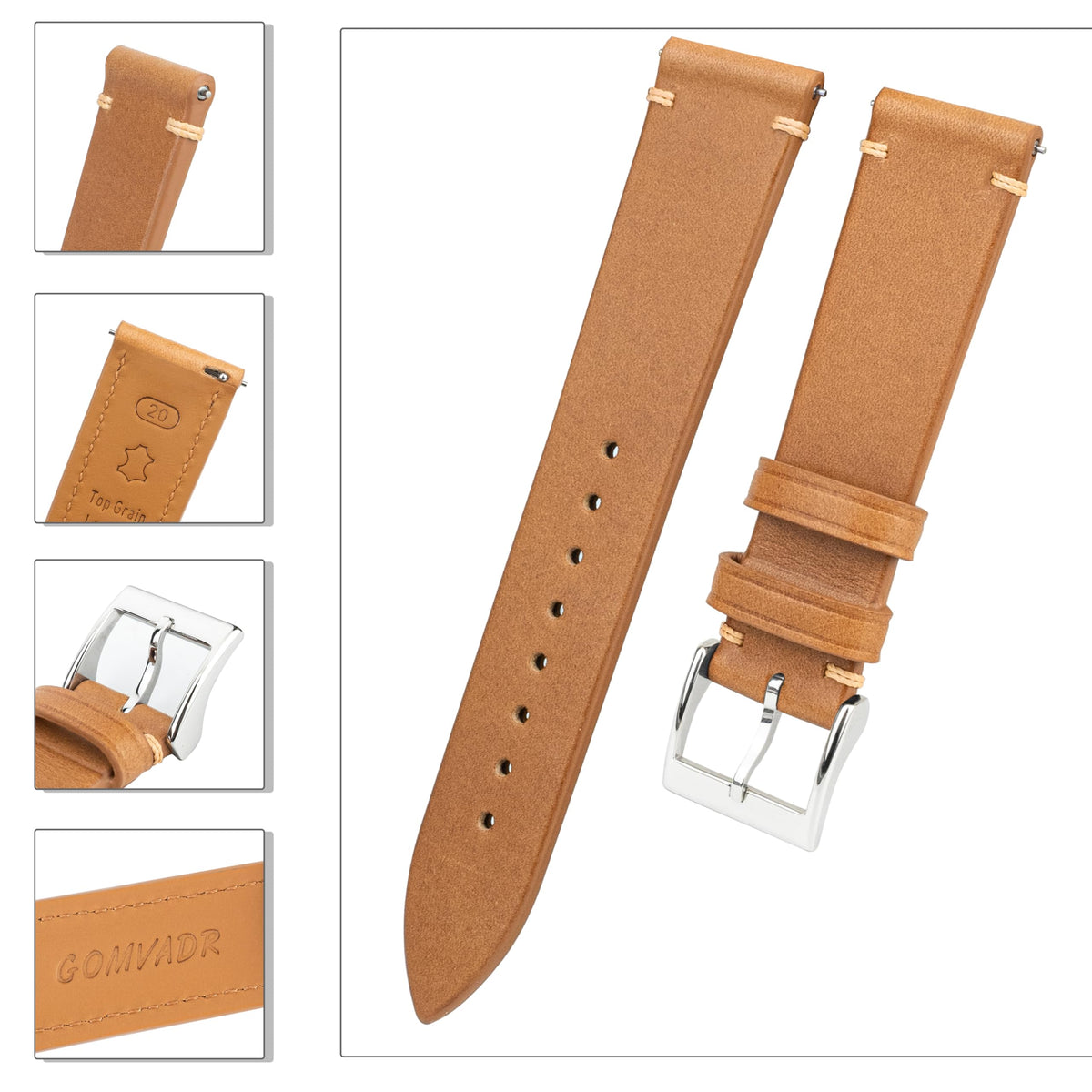Gomvadr Handmade Slim Vintage Top Grain Leather Watch Strap, Quick Release, 18 mm/19 mm/20 mm/21 mm/22 mm, Silver/Black Buckle, Tan/Brown/Blue/Black/Coffee, Unisex for Men Women (Yellowish Brown with Silver Buckle, 20mm)