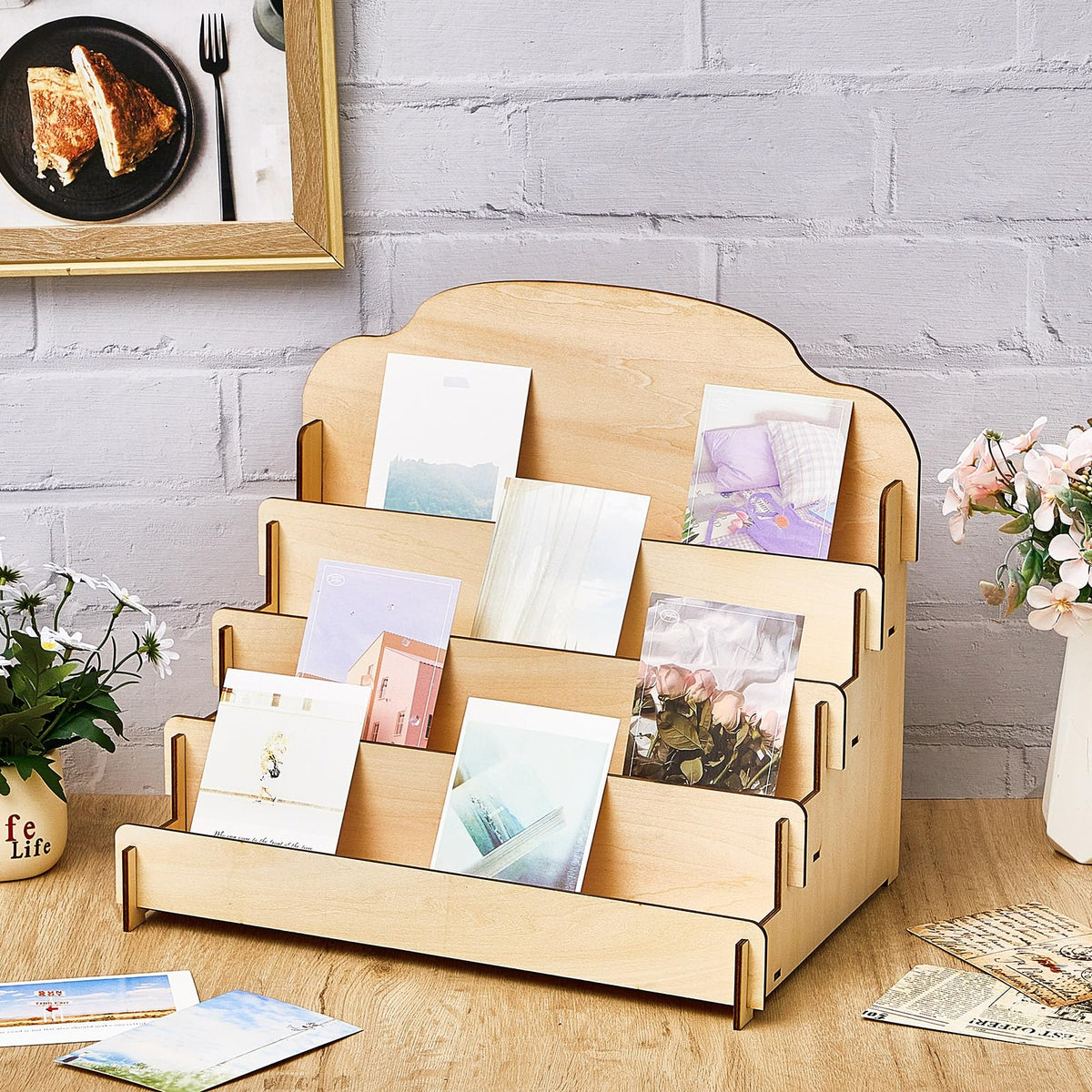Barydat 4-Tier/5-Tier large Greeting Card Display Stand Wooden Display Stand for Postcard Brochure Photos Jewelry Sticker Holder for Vendors, Counter Retail, Home Decor(15.8 x 10.4 x 14.2 Inch,Beige)
