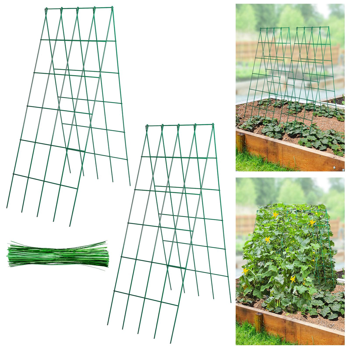 2Sets Stable Cucumber Trellis - 39.3" L x15.7'' W Foldable Garden Trellis for Raised Bed, A-Frame Metal Plant Support Trellis with Ties for Bean Raspberry Squash Climbing Plants Outdoor