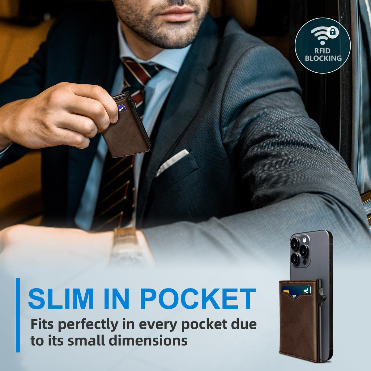 miyozi Wallet for Men,with Cash Pocket 2 ID Window 9-13 Cards,Metal Case Smart Slim Pop Up Credit Card Holder Flip with Magnetic Closure RFID Blocking Trifold wallet with Gift Box