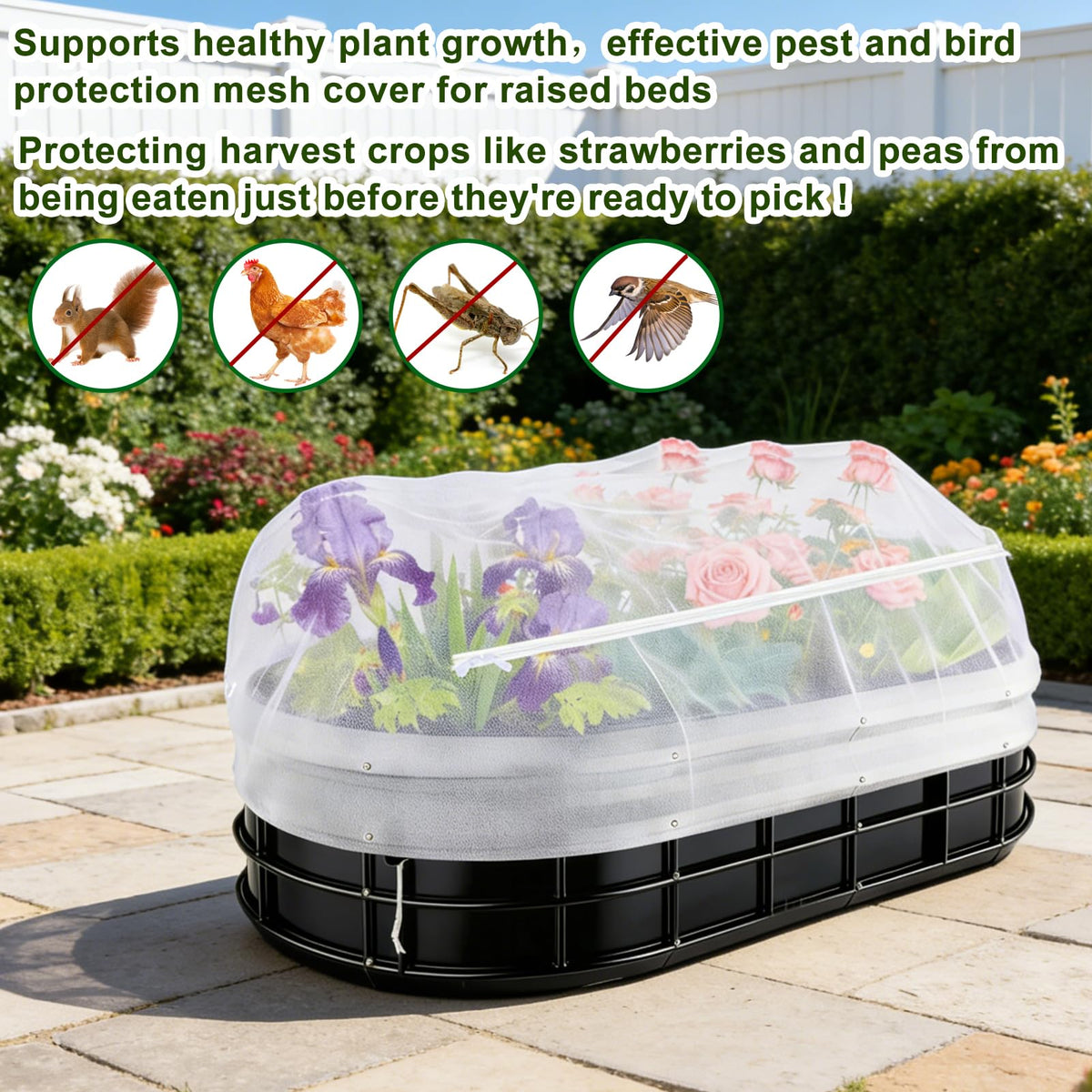 1 Pack Garden Netting for Raised Beds, Fine Mesh Bird Netting Barrier Screen with Zipper Drawstring Garden Bed Plant Cover for Protect Vegetable Fruits Crop from Animals Pest Insect, 4.3×2.3×2Ft