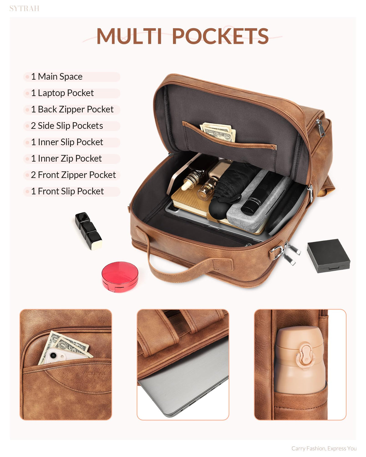 SYTRAH Leather Laptop Backpack for Women, 15.6 Inch Business Computer Bag, Designer College Backpack Travel Backpack with Colorful Shoulder Bag Strap Mocha Brown