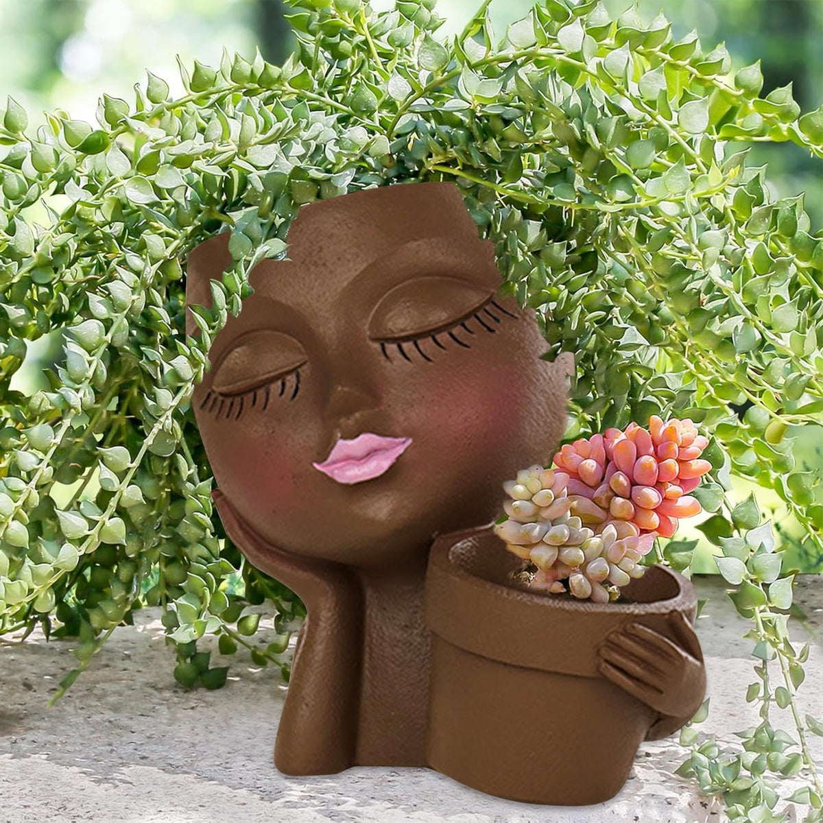 Rivonthex Face Planter Pot with Dual Compartments, Resin Lady Head Planter with Drainage Holes, 6.3 x 4.3 x 6.7 in, Two Openings 3.2 in and 2.4 in, for Succulents Indoor Outdoor, Brown