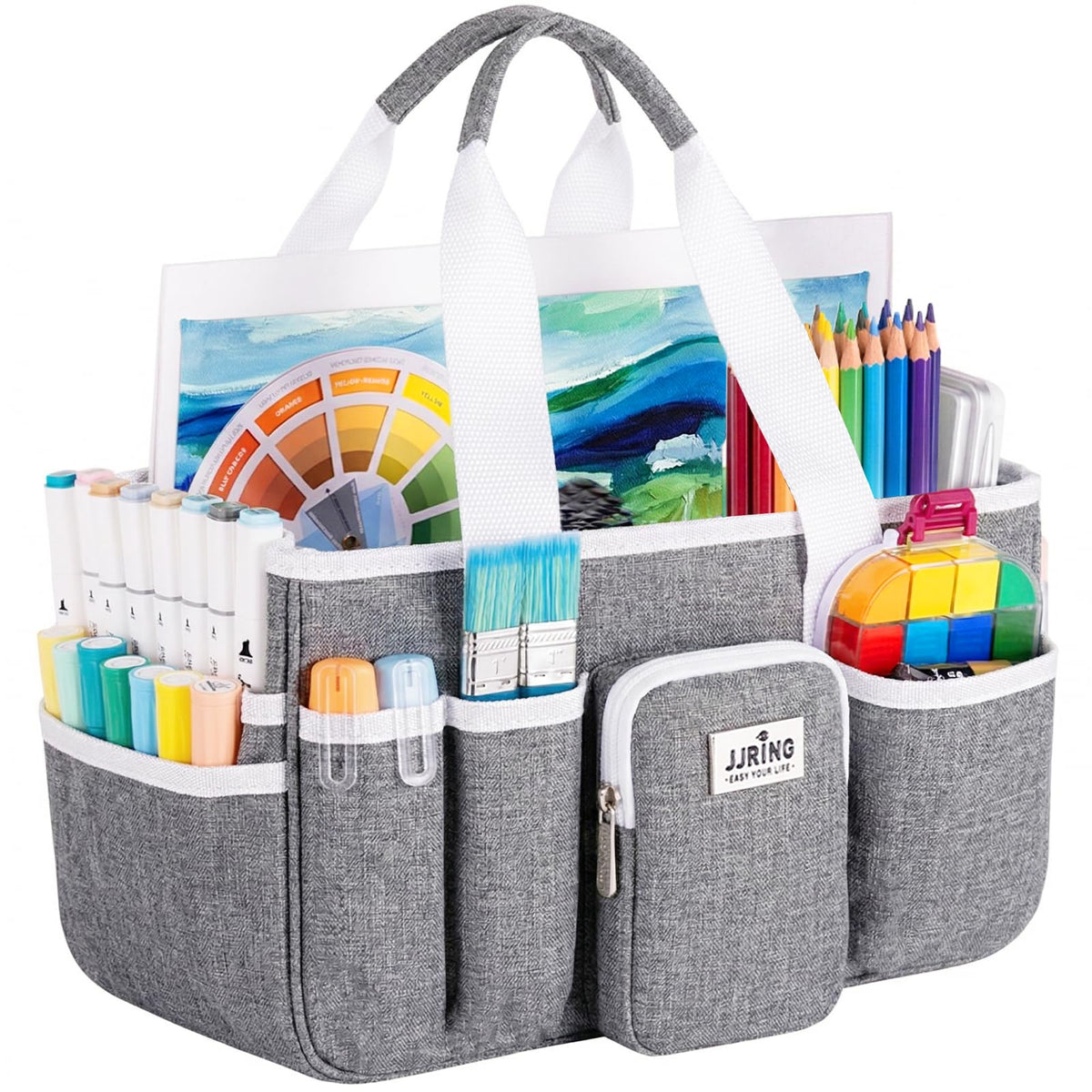 JJRING Craft Organizer Tote Bag, Portable Art Caddy with Adjustable Divider&Secure Zipper Pocket, Large Foldable Storage Tote for Scrapbooking, Sewing, Artist and Home(Grey)