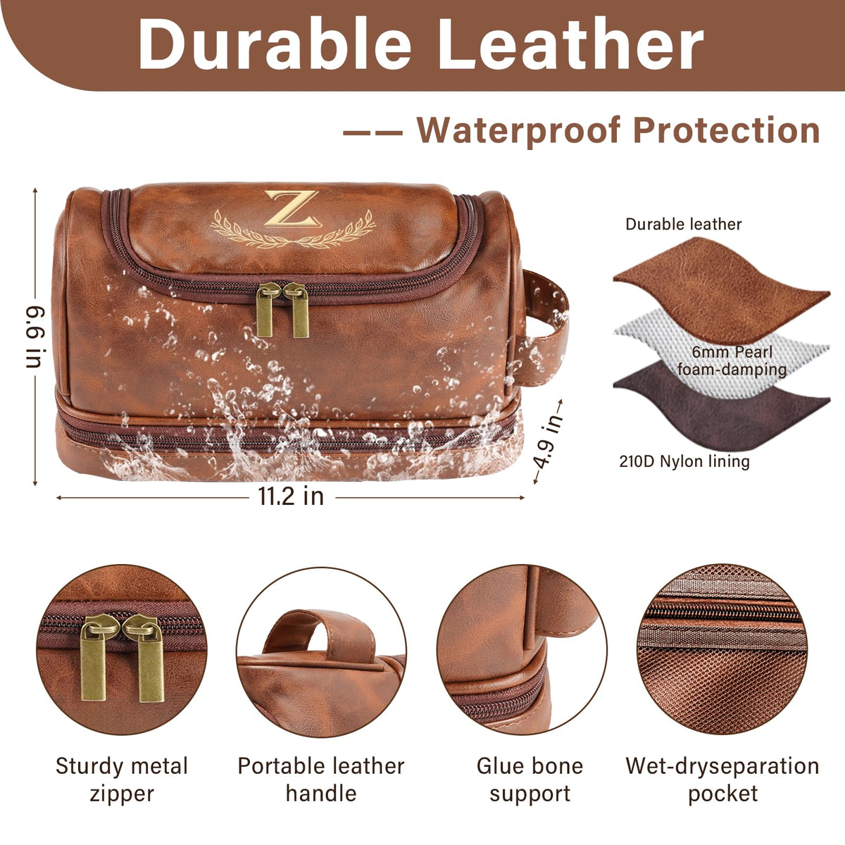 Sparklove Personalized Gifts for Men -Personalized Initial Toiletry Bag with Laser Engraved Monogram - Leather Travel Kit Shaving Organizer - Unique Present for Him, Husband, Boyfriend, Dad