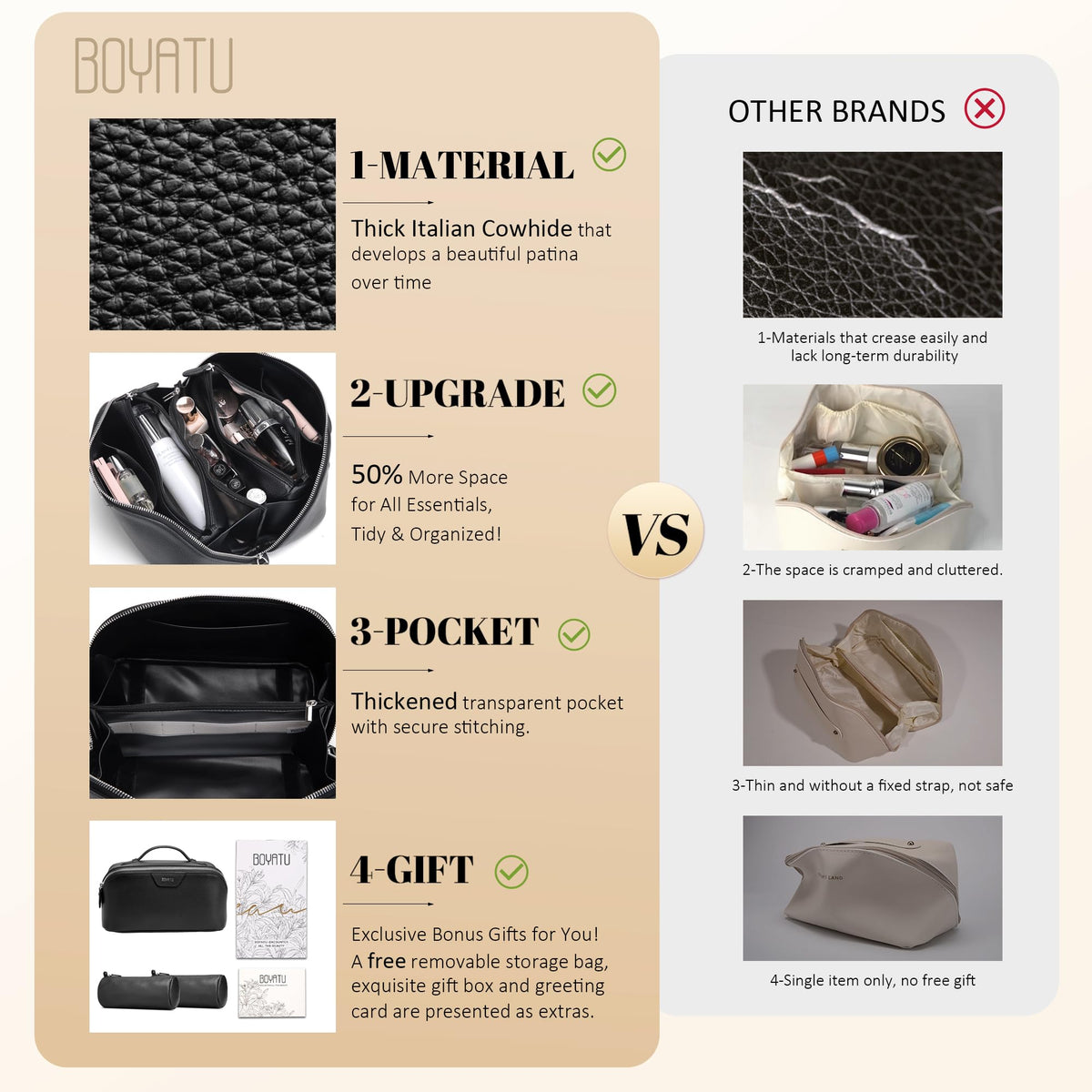 BOYATU Genuine Leather Travel Makeup Bag: Large Capacity 3 Pcs Set Cosmetic Bags for Women - Designer Waterproof Hand-made for Toiletry Organizer - Ladies Travel Essentials for Elegance (02Black)