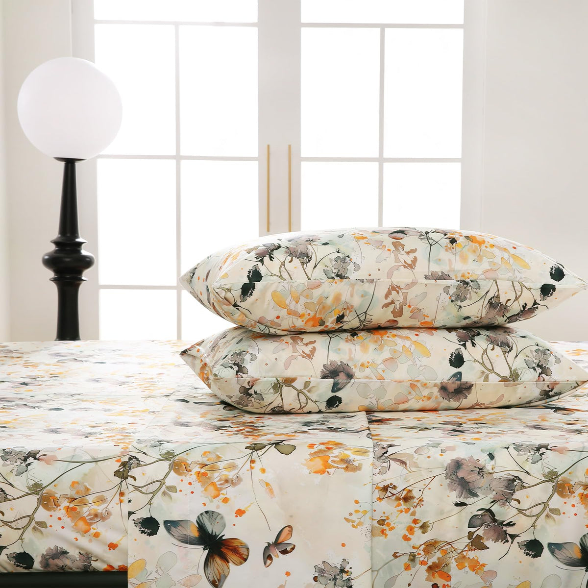 CozySmile Floral Printed Sheet Set King Size 4 Piece,Soft & Breathable Deep Pocket 16" Cooling Wrinkle Free Comforter Bed Set Botanical Pattern Sheets (King, Butterflies Dancing)