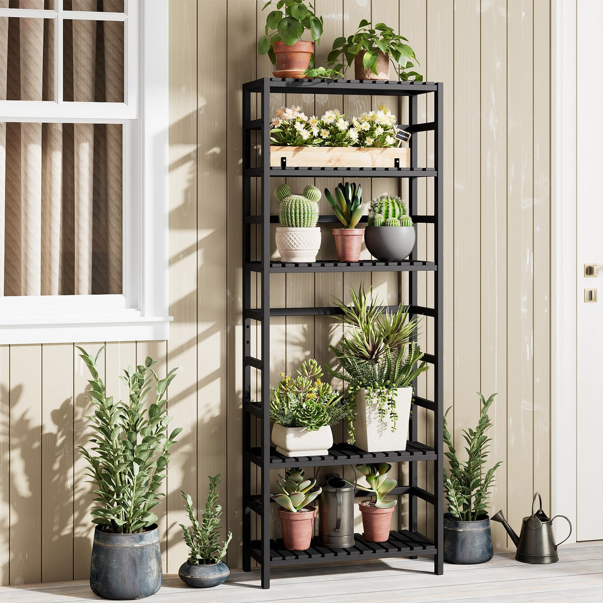 Bamjoy Bamboo Shelf, 6-Tier Bookshelf Adjustable Storage Shelves, Tall Shelving Unit Plant Stand, Storage Rack for Bathroom Home Office Living Room Kitchen, 23.6W x 10.2D x 63.4H Black