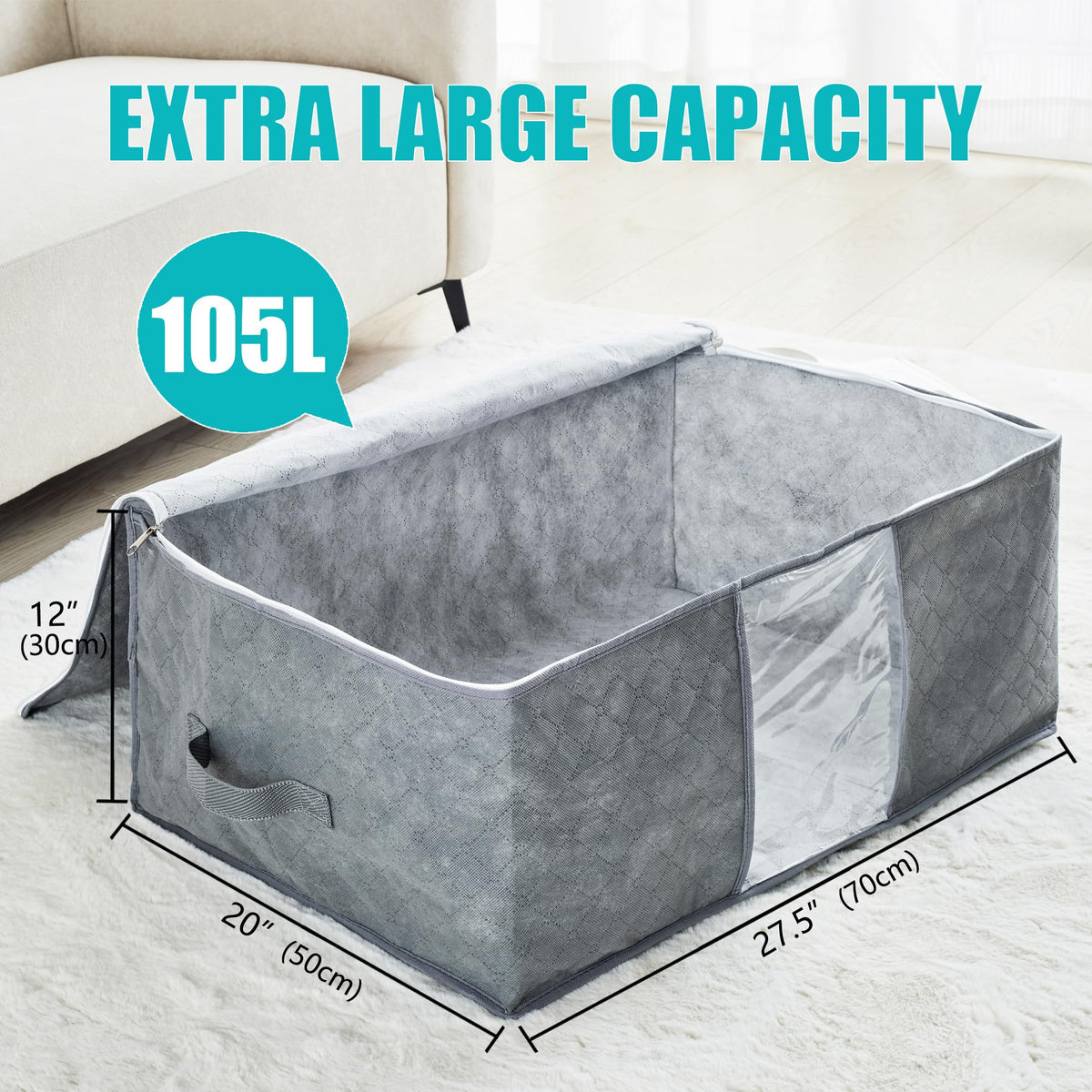 105L Extra Large Storage Bags for Blankets, King Comforters, Bedding, Clothes, Pillows, Sheets - Closet Organizers and Storage with 4 Handles & Clear Window, Foldable & Breathable (Grey, 6pack)