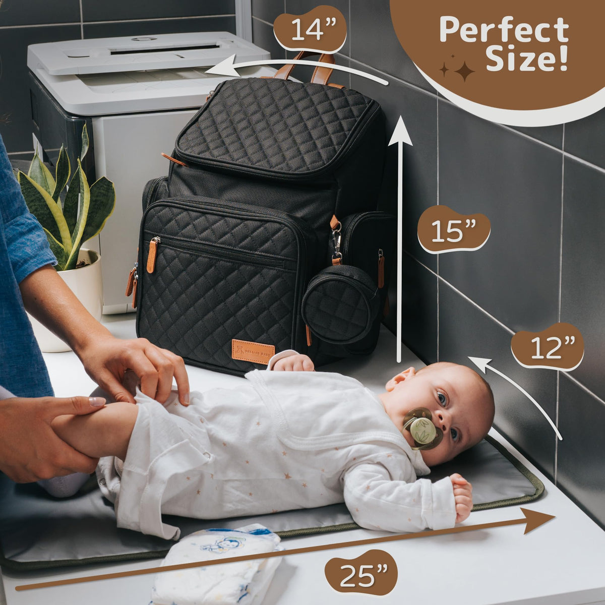 DELMAR BABY Large Diaper Bag Backpack for Mom & Dad | Unisex Baby Travel Bag | 15 Pockets | Changing Pad | Stroller Straps | Stylish & Washable | Newborn Essentials | Black