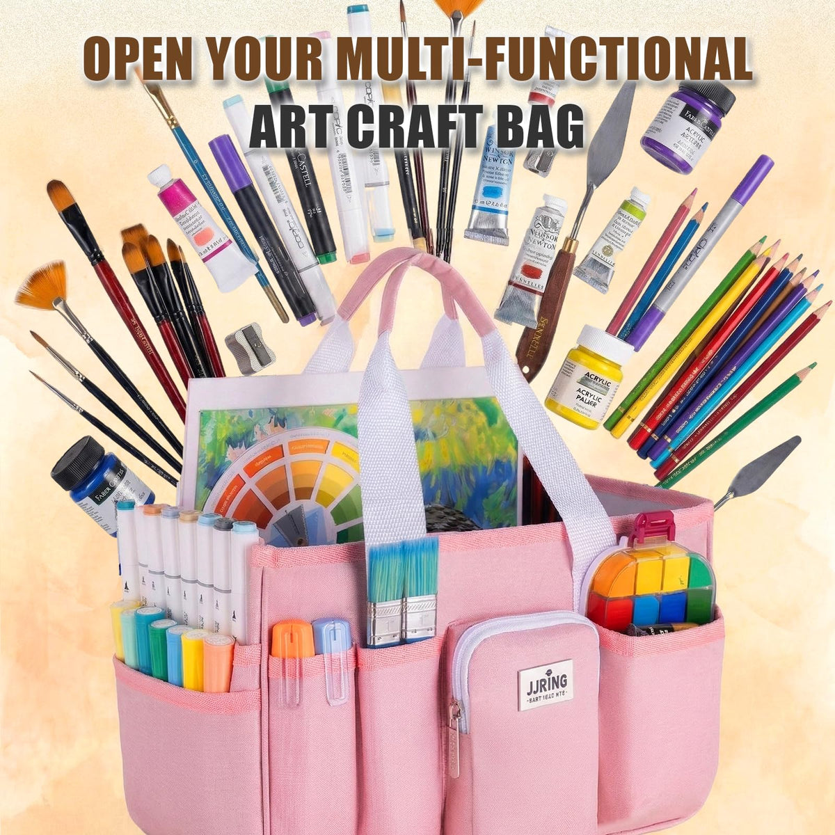 Jjring Craft Organizer Tote Bag, Portable Art Caddy with Adjustable Divider&Secure Zipper Pocket, Foldable Storage Tote for Scrapbooking, Sewing, Artist and Home(Pink)