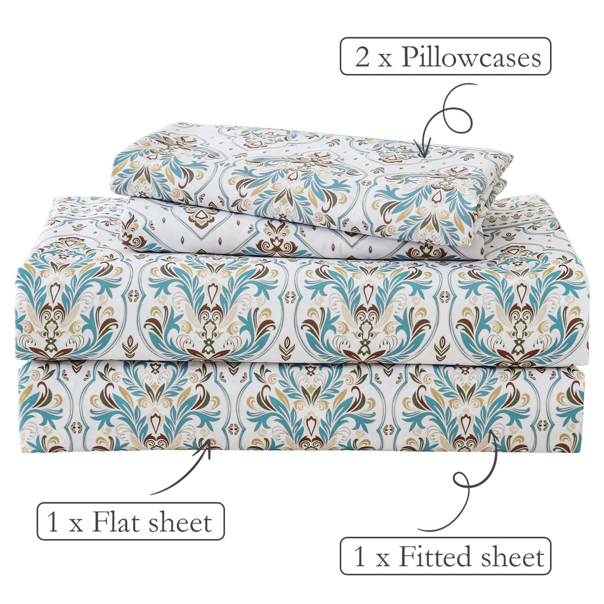 ChicView Queen Size Paisley Printed Sheet Set,4 Pieces Boho Style Breathable Soft Microfiber Bedsheets, Anti Pilling Deep Pockets Easy Care Bed Sheets, White Green