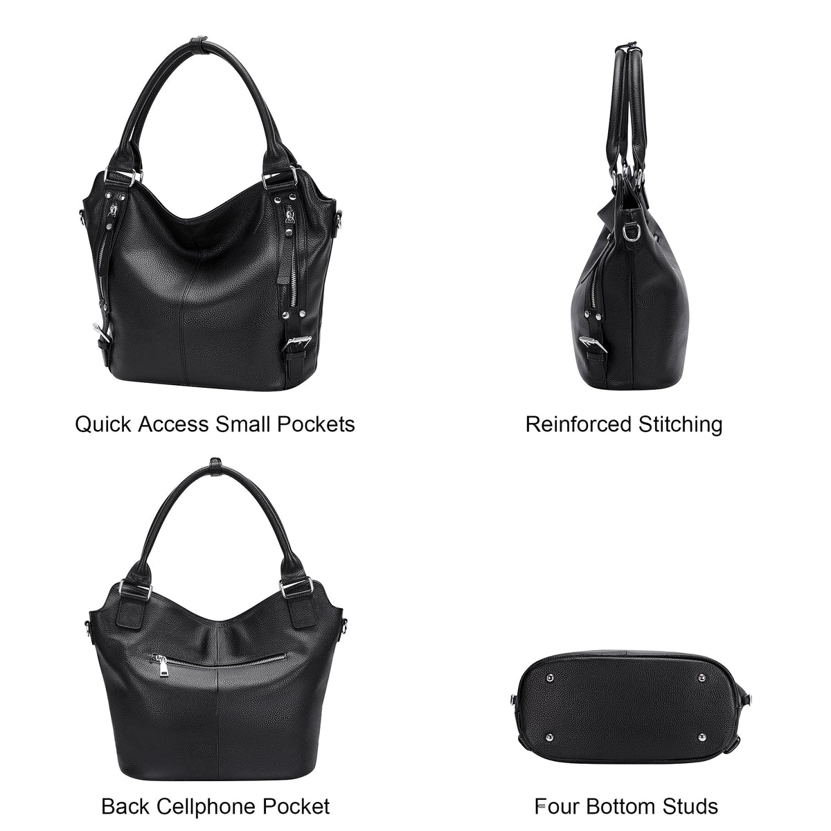 Over Earth Genuine Leather Handbags for Women Hobo Shoulder Bags Ladies Tote Bag(O172E Black)